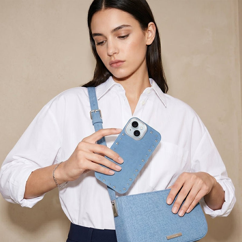 Detalle del acabado vaquero de la funda Denim MagBattery para iPhone 14 Plus
