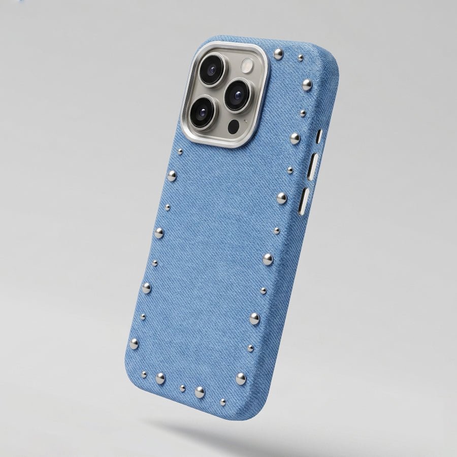 Funda Denim MagBattery para iPhone 15 Pro — vista trasera con cierre magnético
