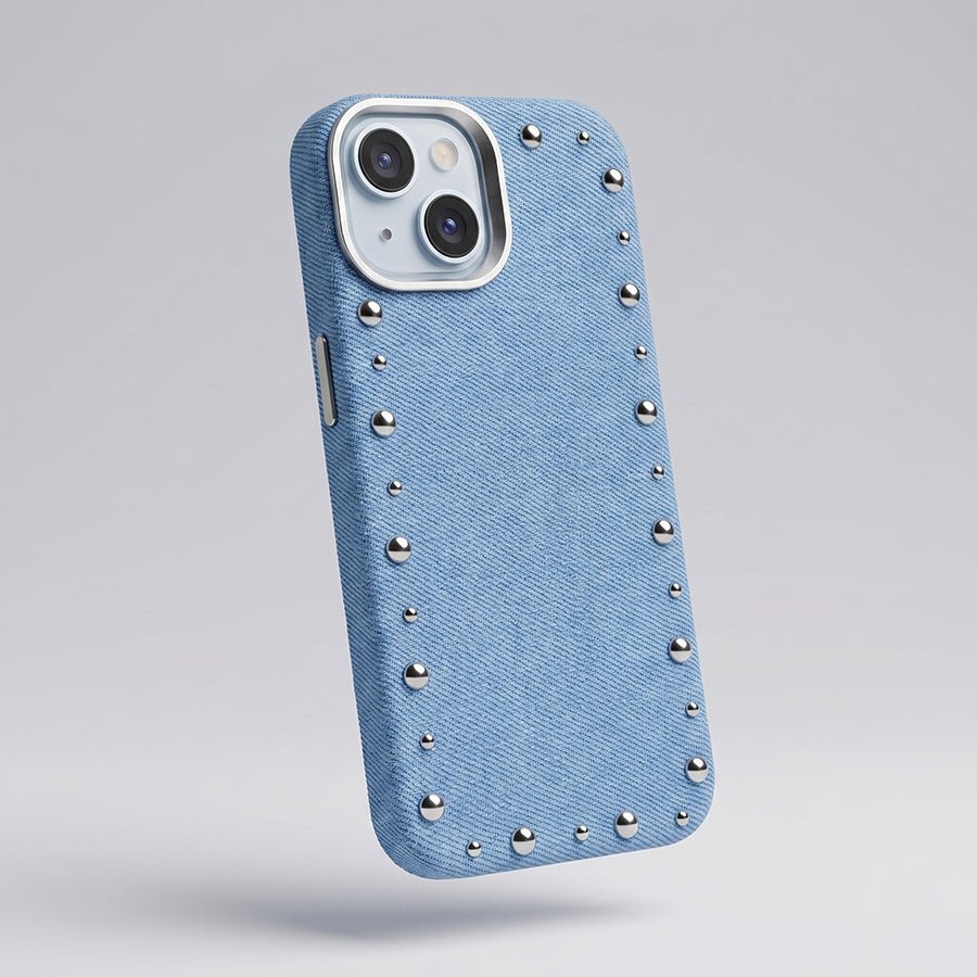 Funda Denim MagBattery para iPhone 14 — vista trasera con cierre magnético
