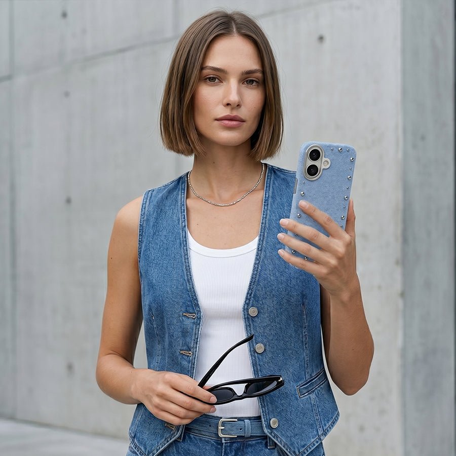 Funda Denim MagBattery para iPhone 16 — perfil lateral y protección
