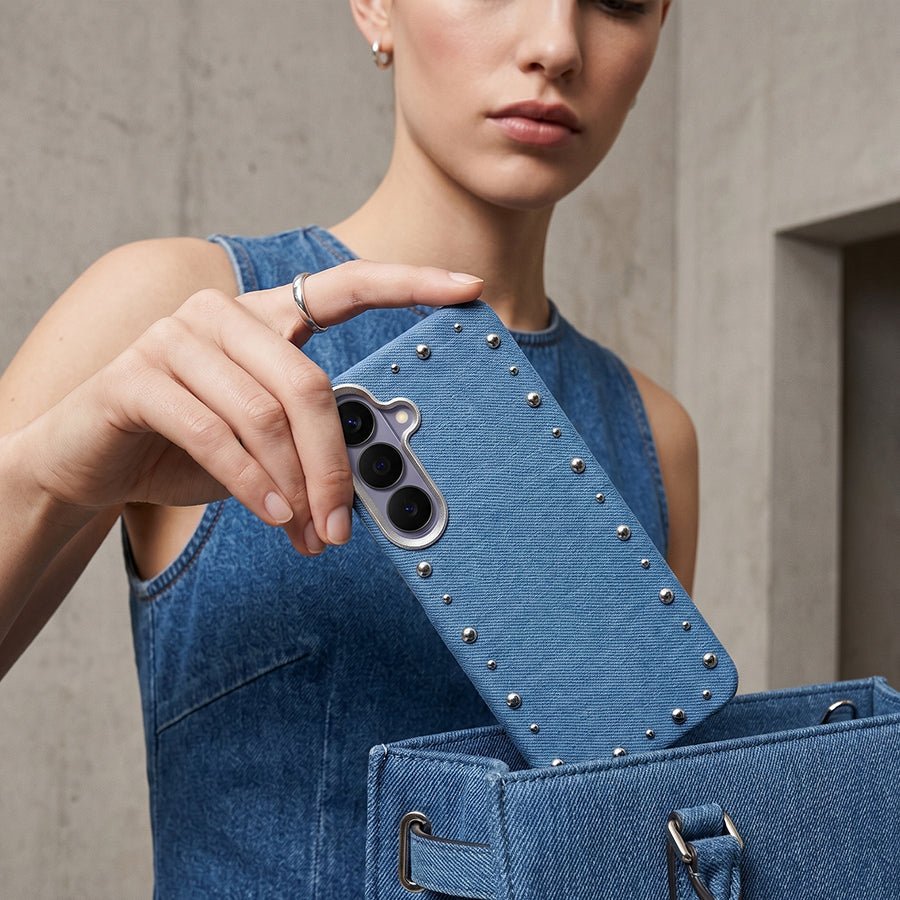 Detalle del acabado vaquero de la funda Denim MagBattery para Samsung Galaxy S26
