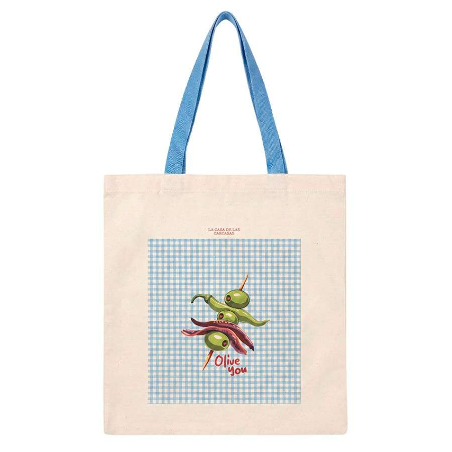 Tote bag Blue Picnic colección The Sunset Club – Vista frontal bolsa de tela diseño azul cuadros
