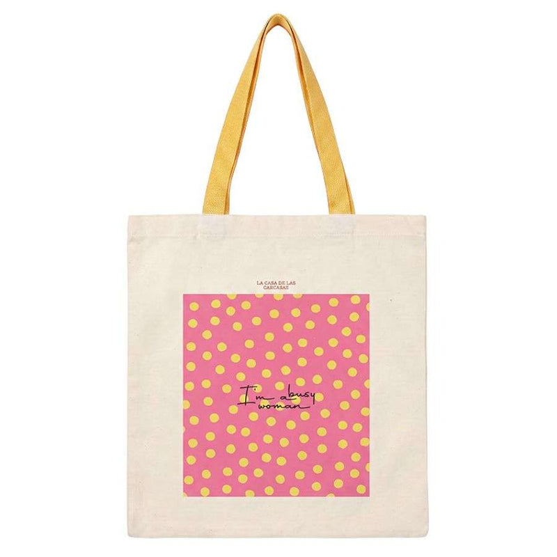 Tote bag Summer Dots colección The Sunset Club – Vista frontal bolsa de tela estampado lunares coloridos
