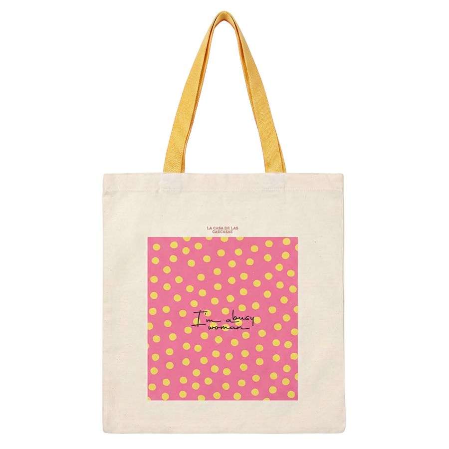 Tote bag Summer Dots colección The Sunset Club – Vista frontal bolsa de tela estampado lunares coloridos
